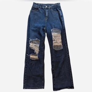Distressed navy blue wide leg jeans